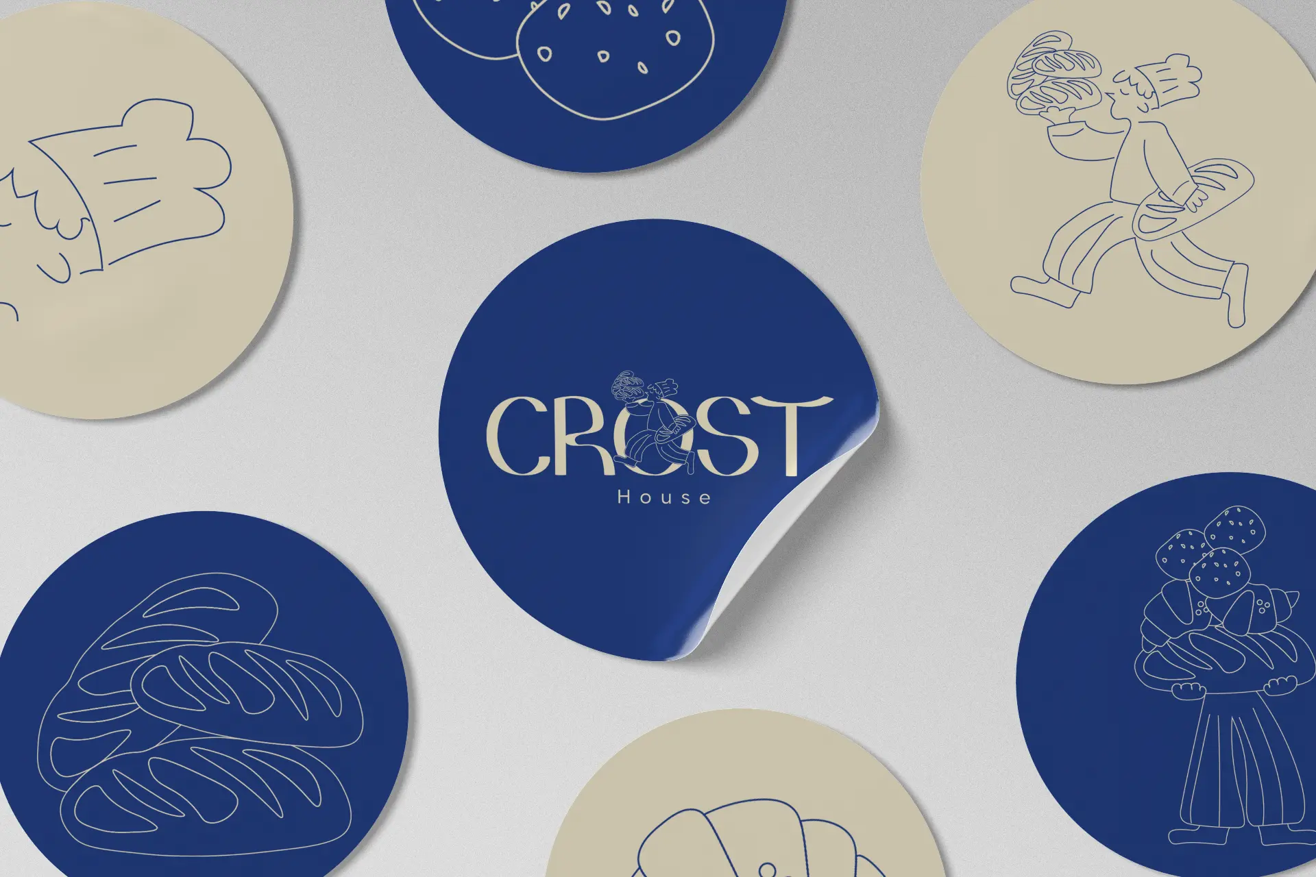 Crost House round stickers with logo and bread illustrations