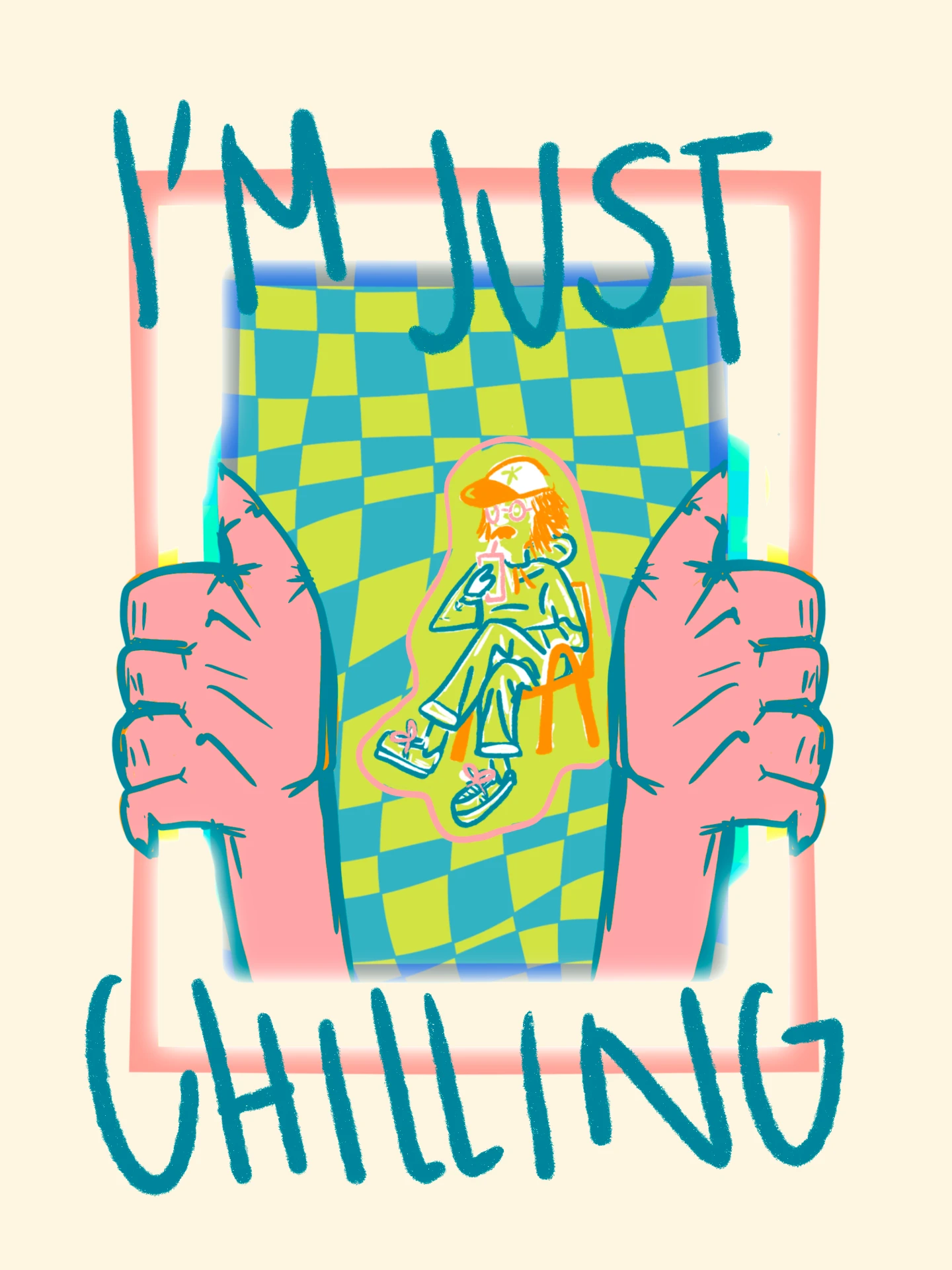 A Line Between the Eye and the Soul: “I'm Just Chilling” — two thumbs up framing a figure relaxing on a checkered field