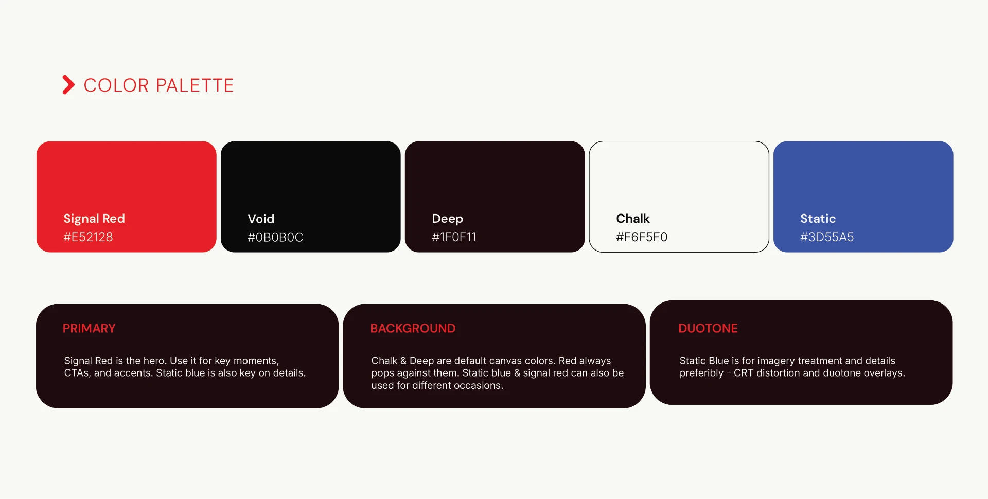 TUFF Studio colour palette: Signal Red, Void, Deep, Chalk and Static