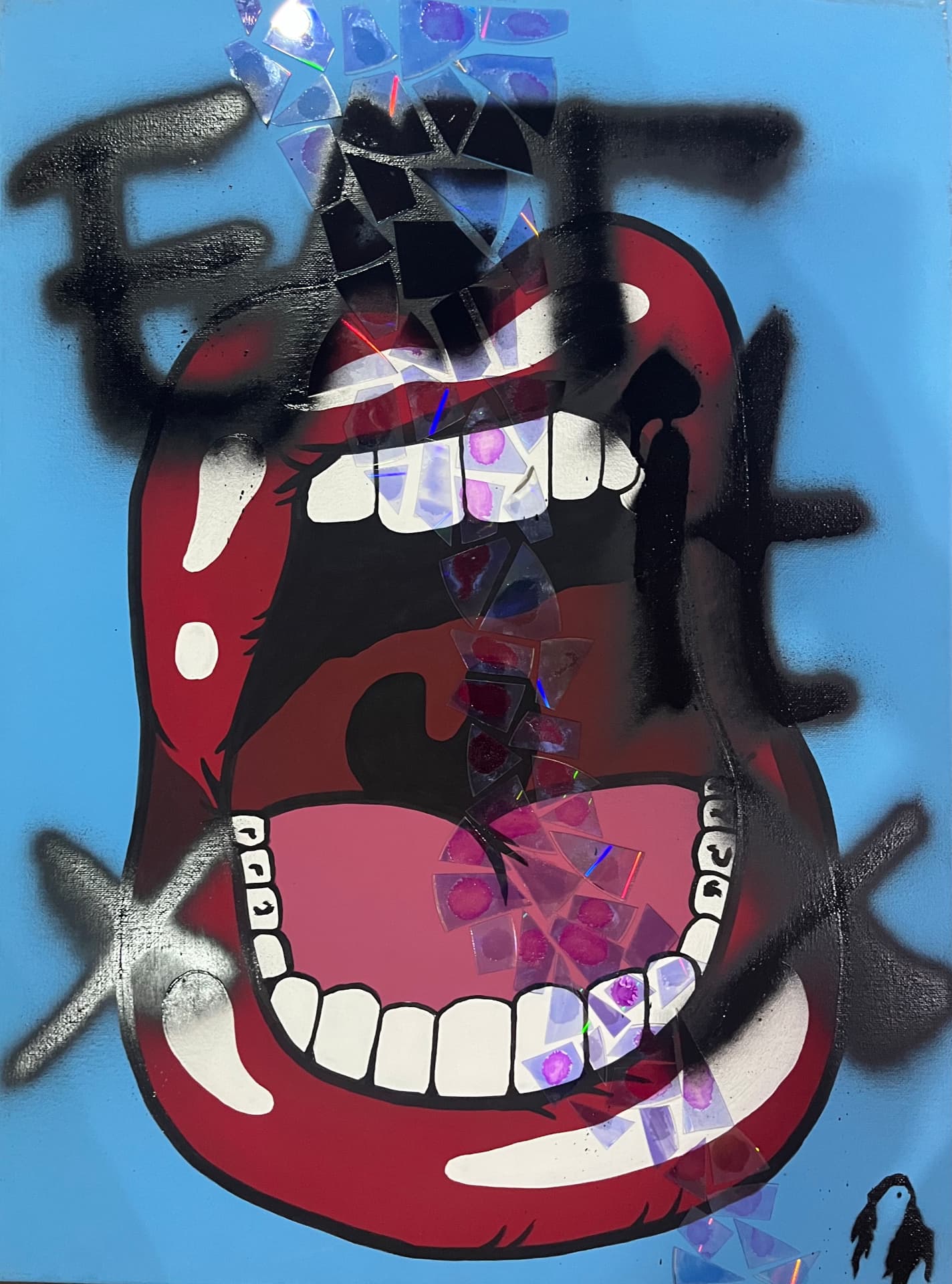 Bouches: “Eat It” — red mouth under blue sky with spray painted letters and glass shards