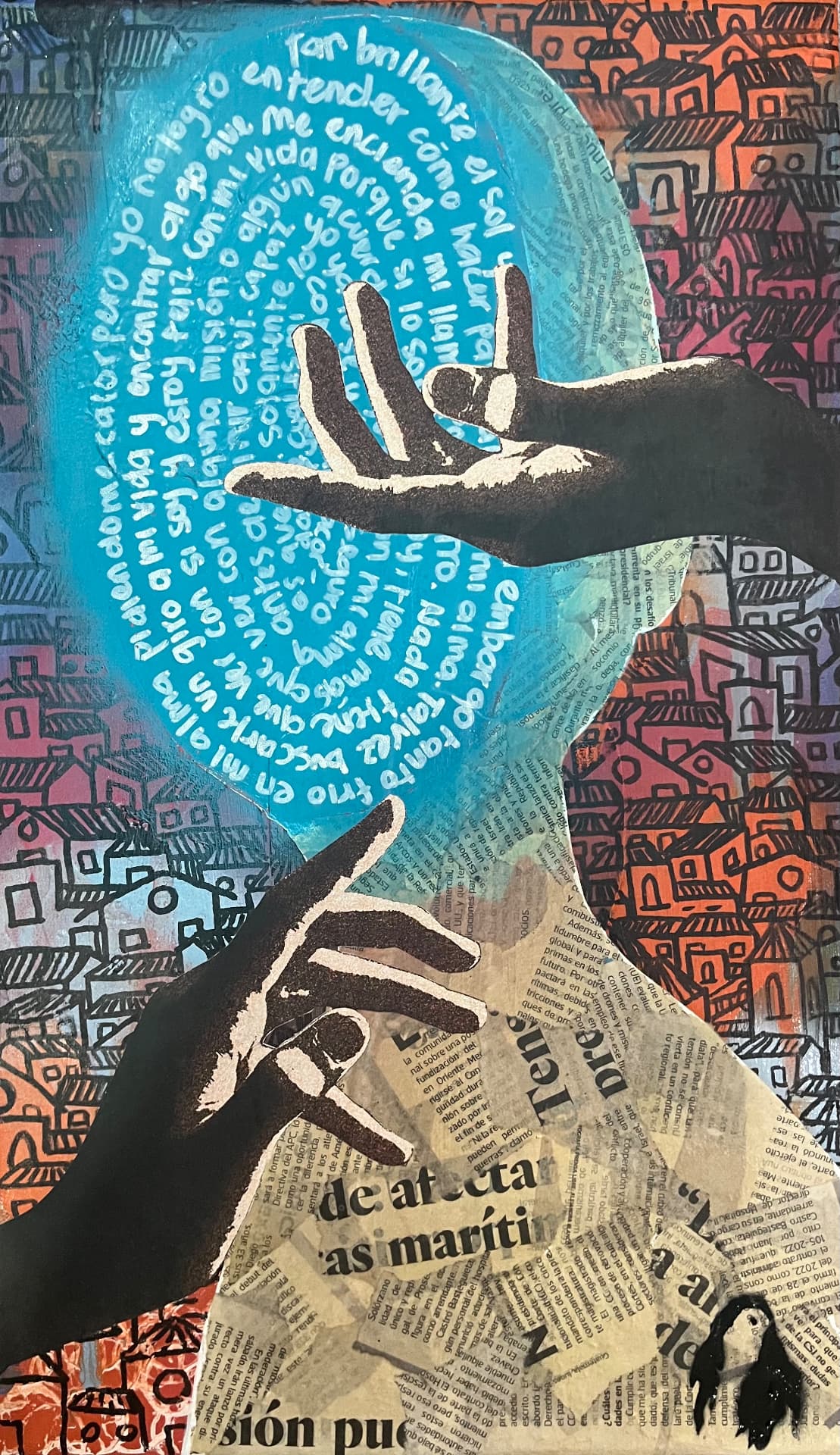 Poemas Enredados: “Ruidos en Poesía” — hands reaching over torn newspaper with orange painted houses