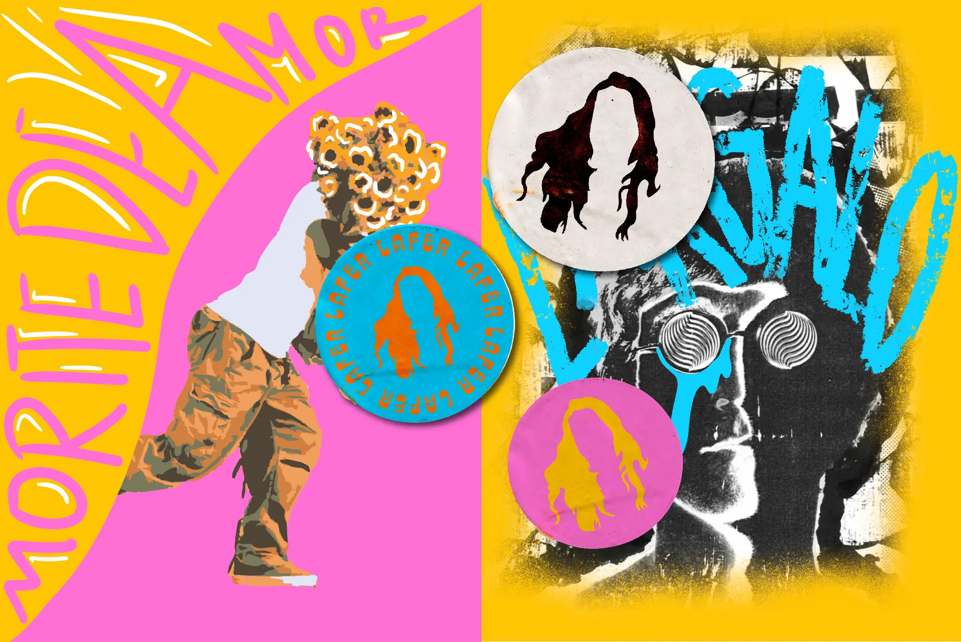 Lafer mixed-media collage with buttons and hand-drawn lettering
