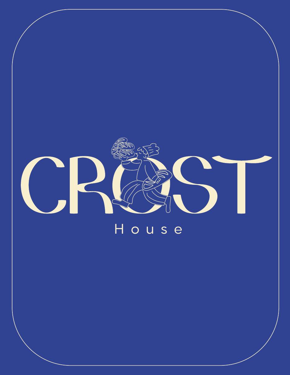 Crost House catalog cover with the running baker logo in cream on deep blue