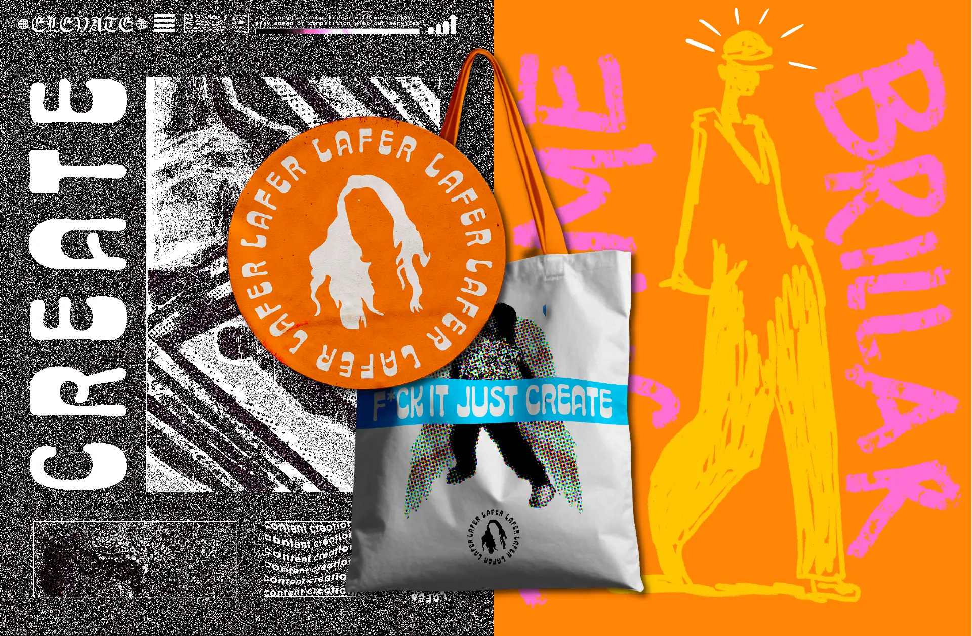 Lafer art direction across editorial graphics, a tote bag and illustration