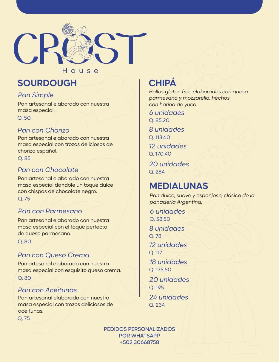 Crost House catalog menu page with sourdough, chipá and medialunas prices on cream