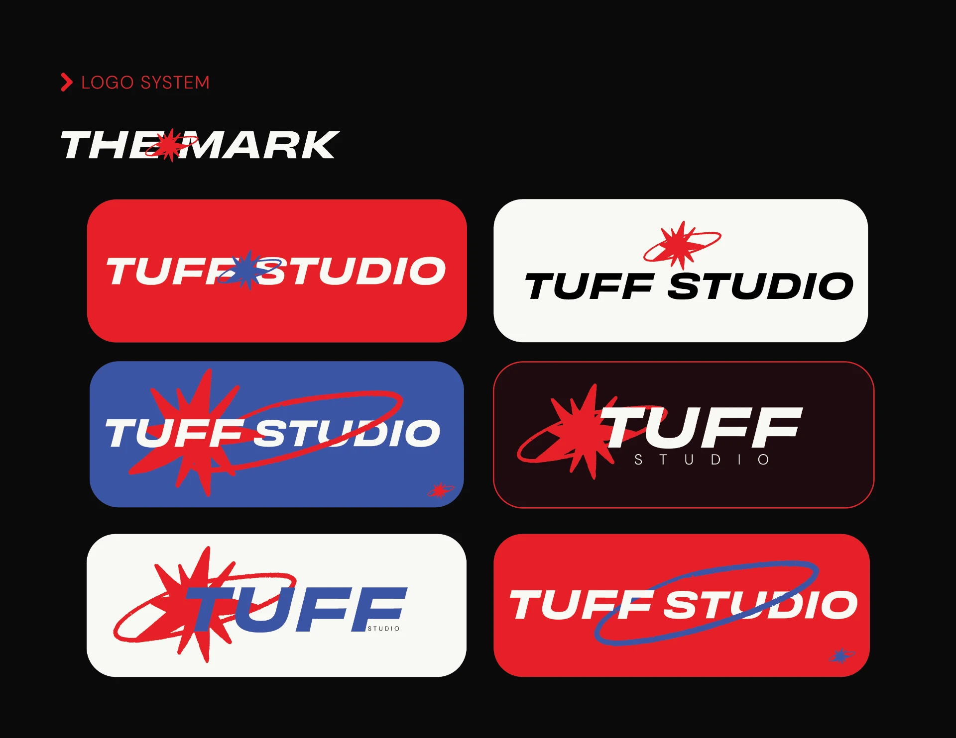 TUFF Studio logo system: the mark across red, blue, black and chalk lockups