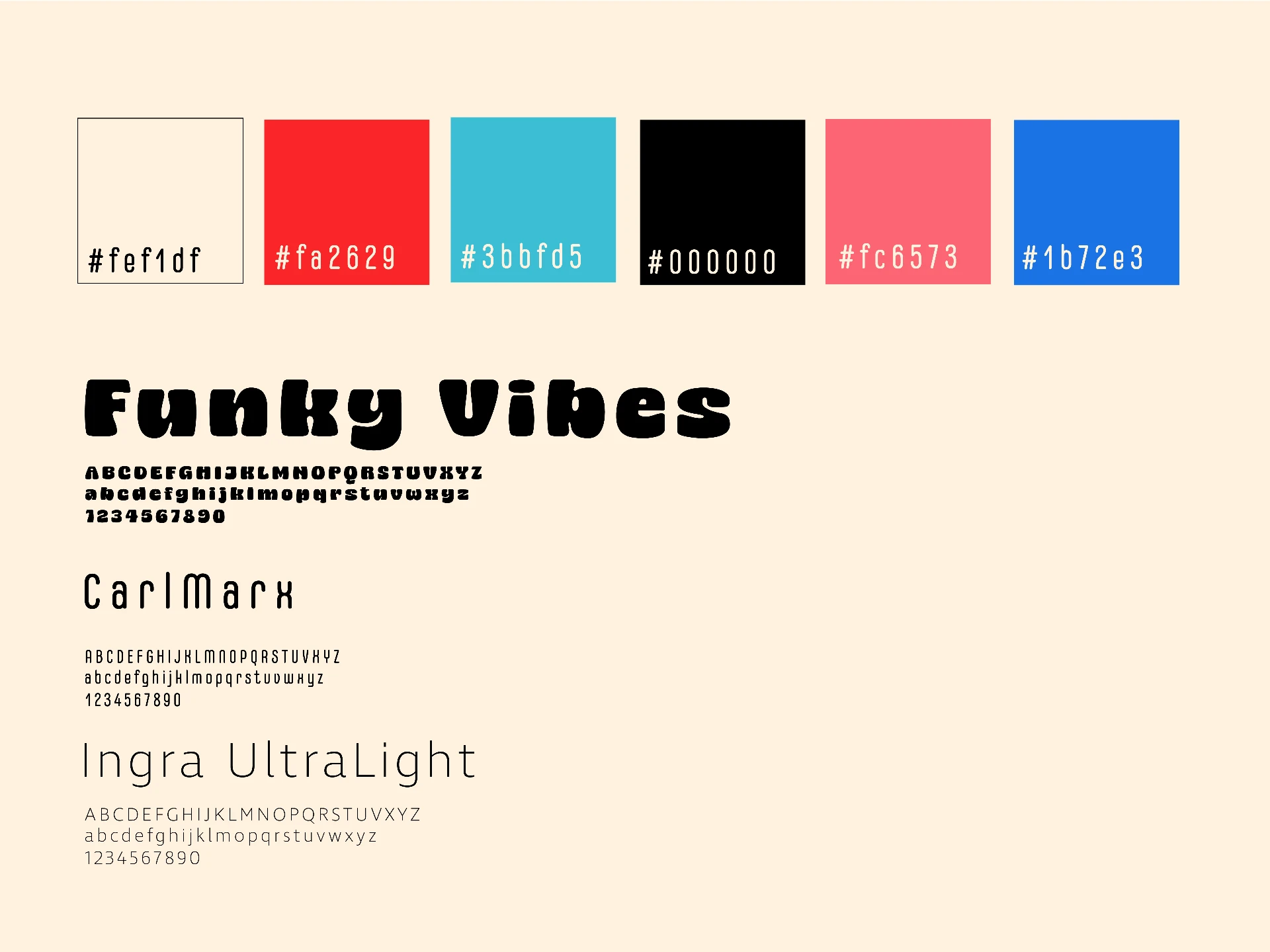 Bite Me! colour palette and typography: Funky Vibes, CarlMarx and Ingra UltraLight