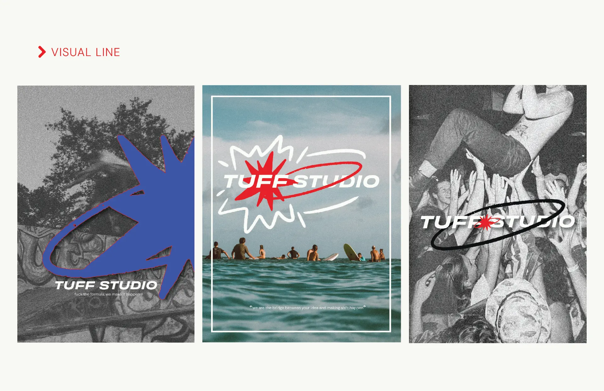 TUFF Studio visual line: three grainy poster layouts