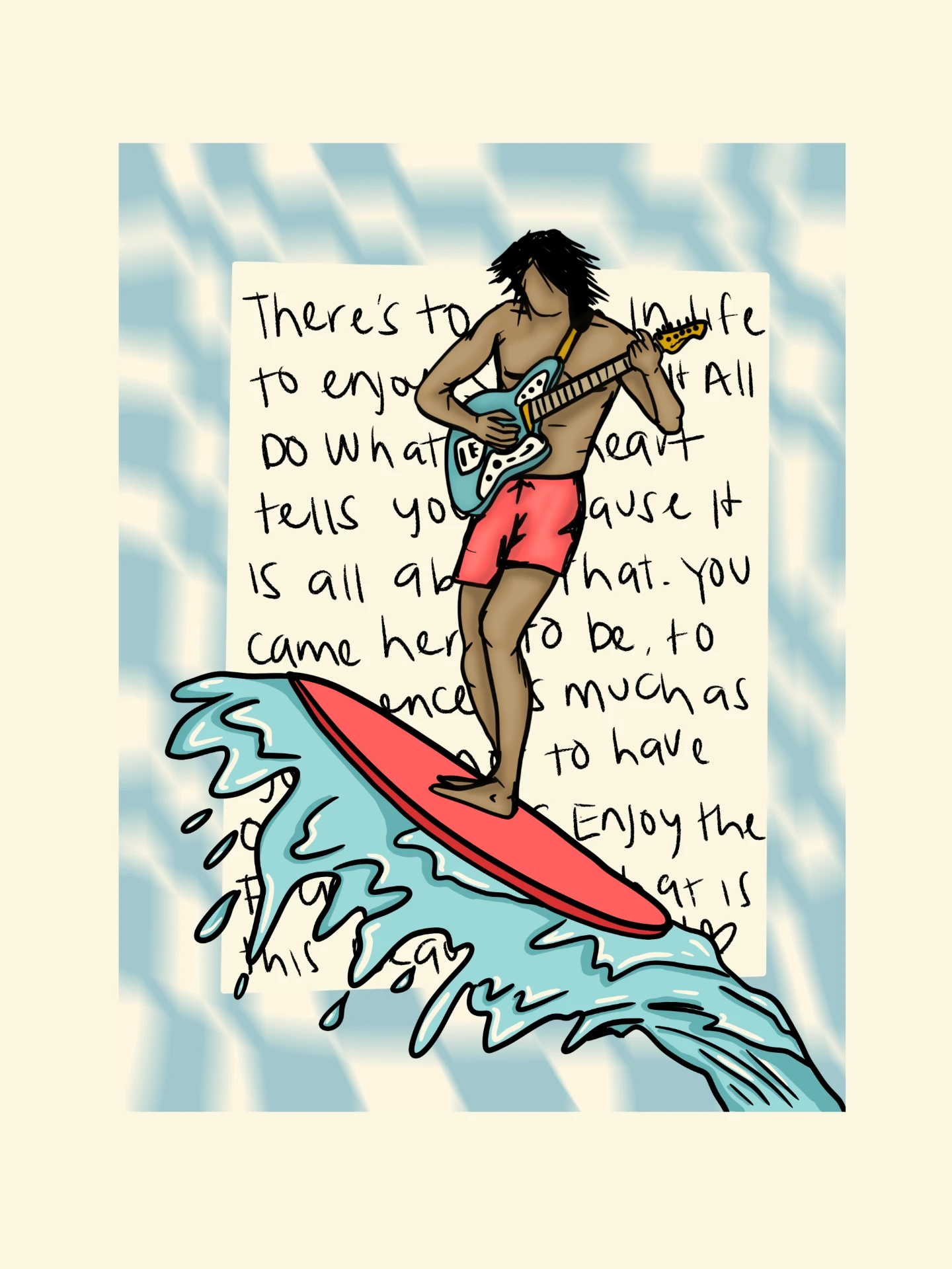 A Line Between the Eye and the Soul: “Enjoy the Ride” — guitarist surfing a red board on a splash of water over handwritten lyrics