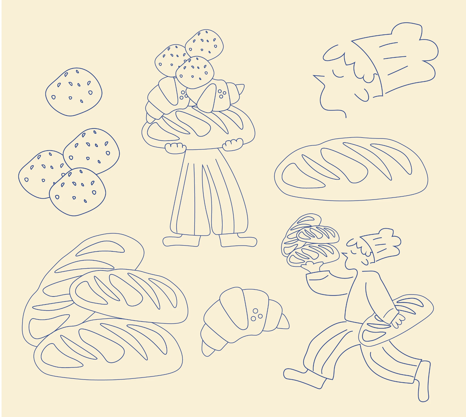 Hand-drawn bread and baker illustrations for Crost House