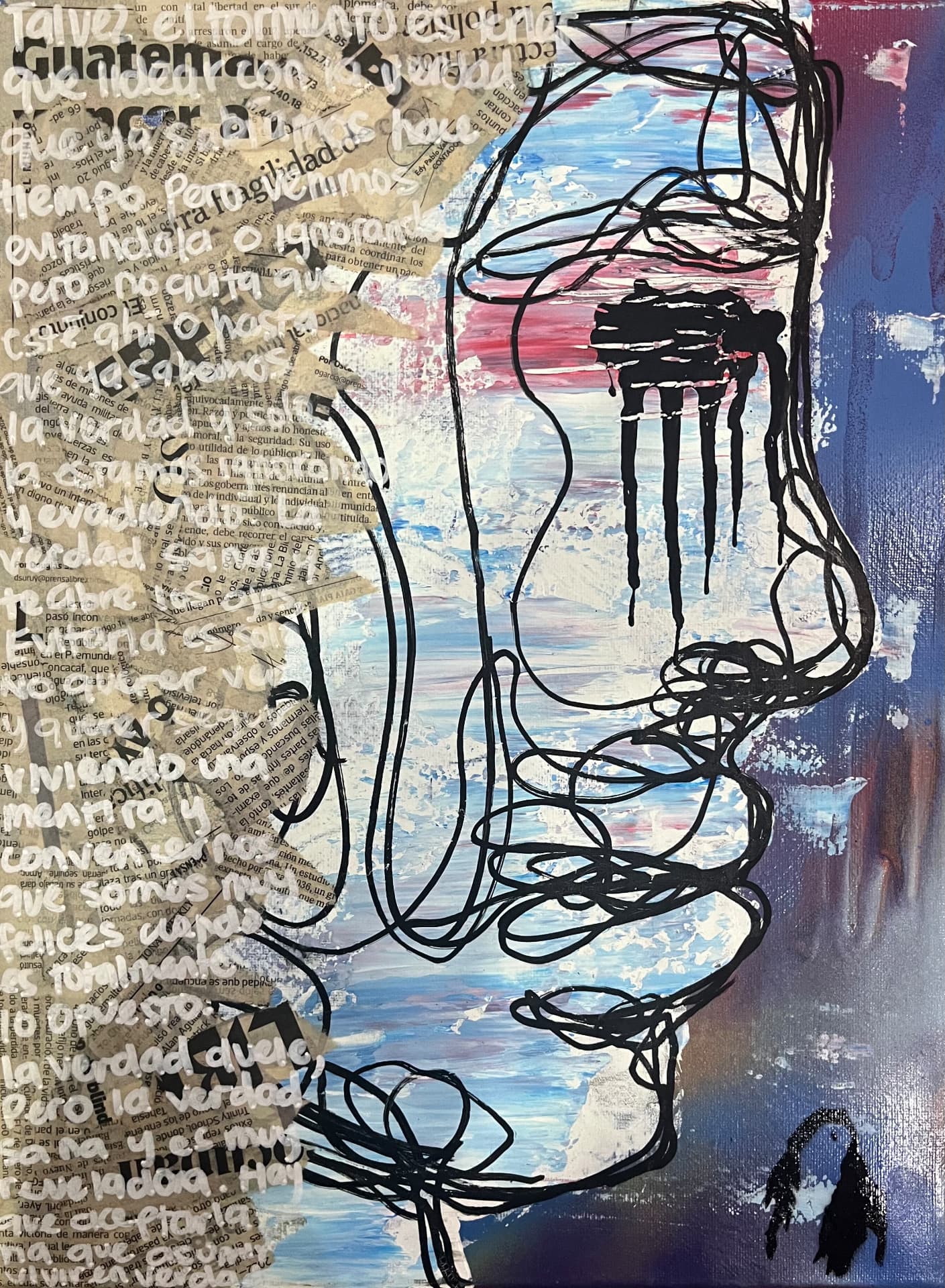 Poemas Enredados: “Frío y un Poema” — black line figure over newspaper collage and painted sky