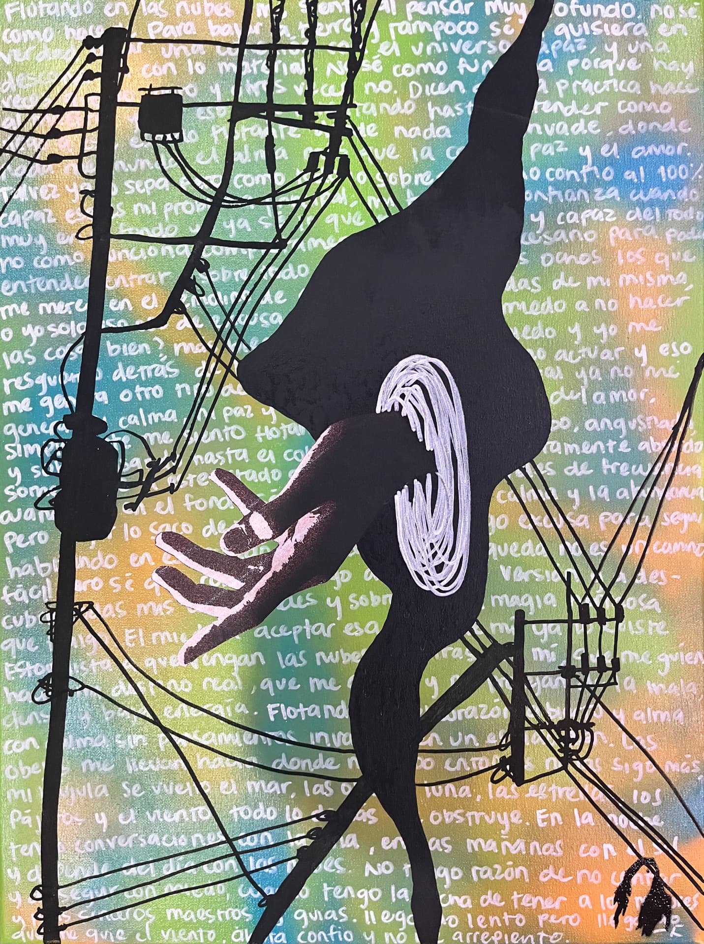 Poemas Enredados: figure holding out a hand among tangled power lines over handwritten words