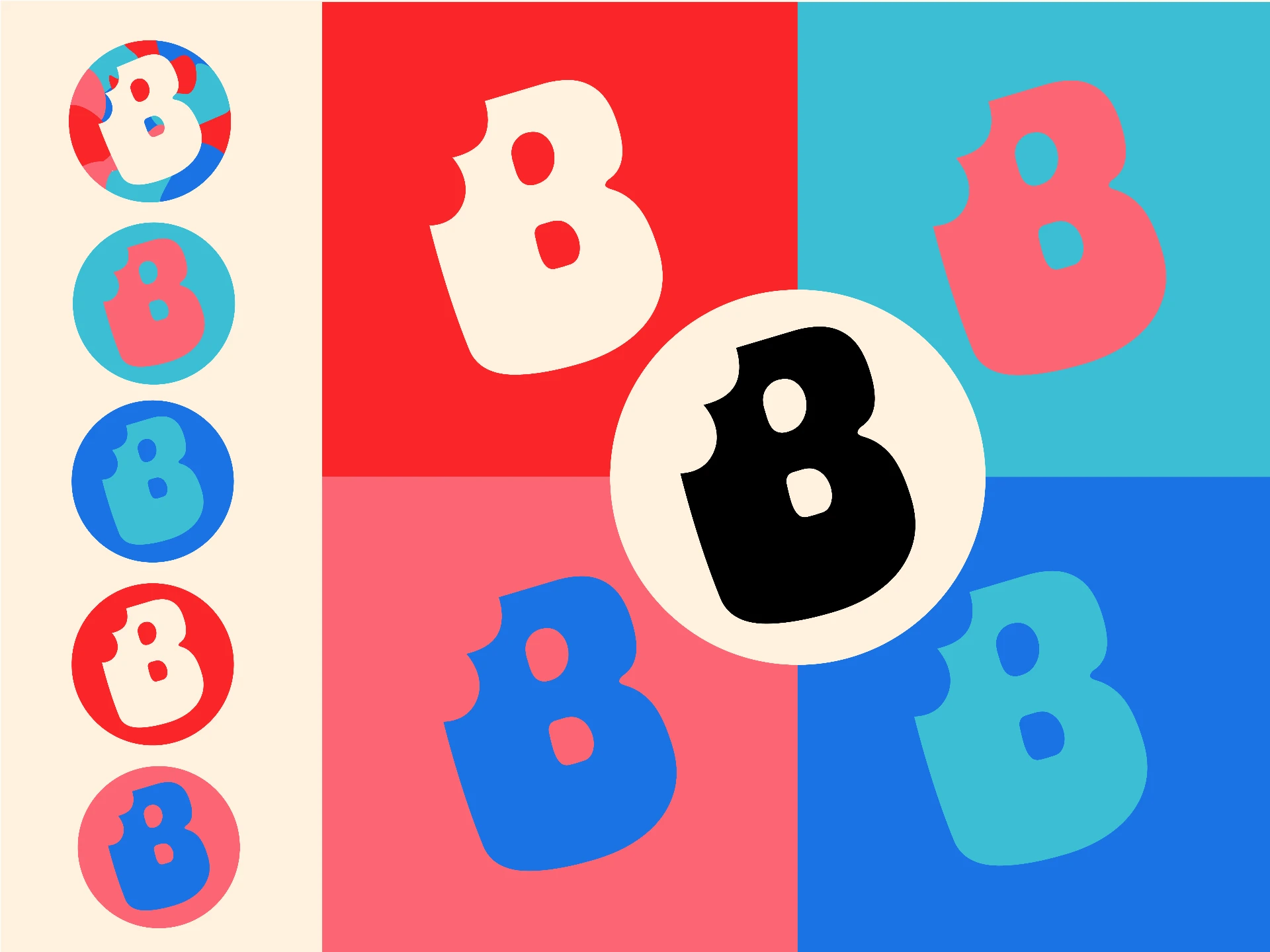 Bite Me! B icon in red, pink, blue and cyan colour blocks