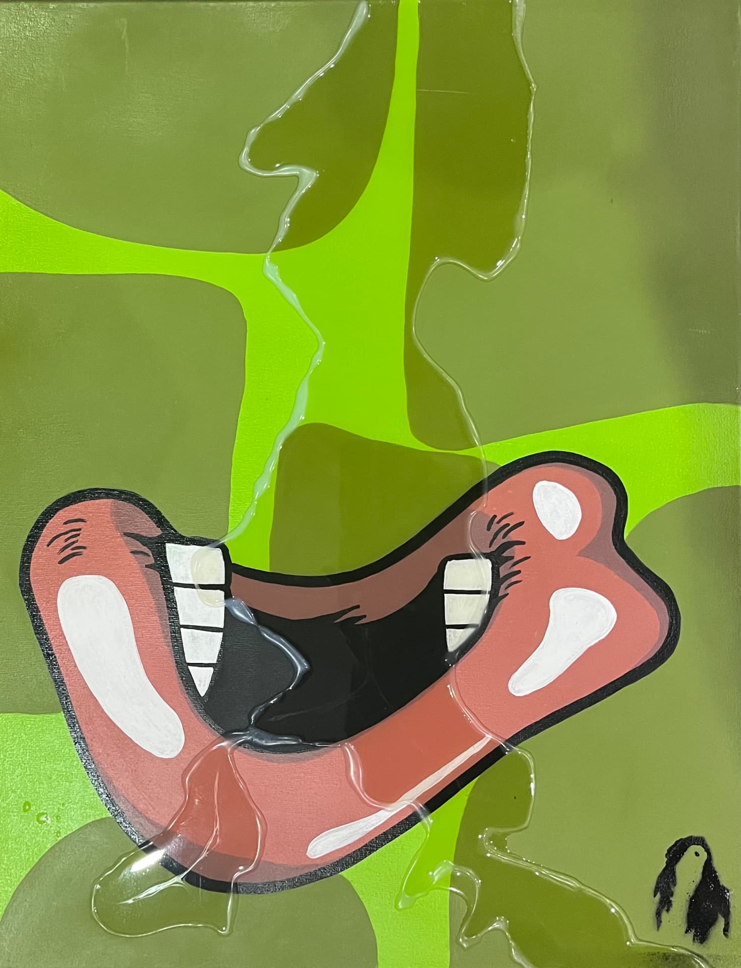 Bouches: “Te Verde” — laughing mouth under resin on green shapes