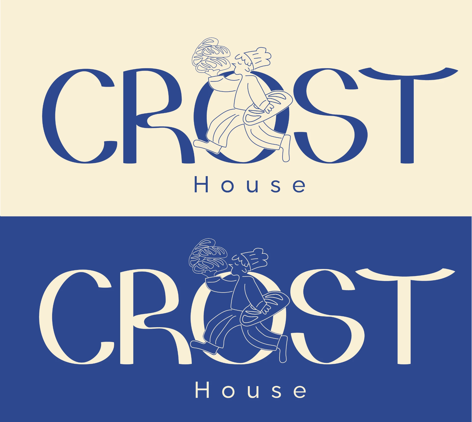 Crost House logo lockups in deep blue on cream and cream on blue