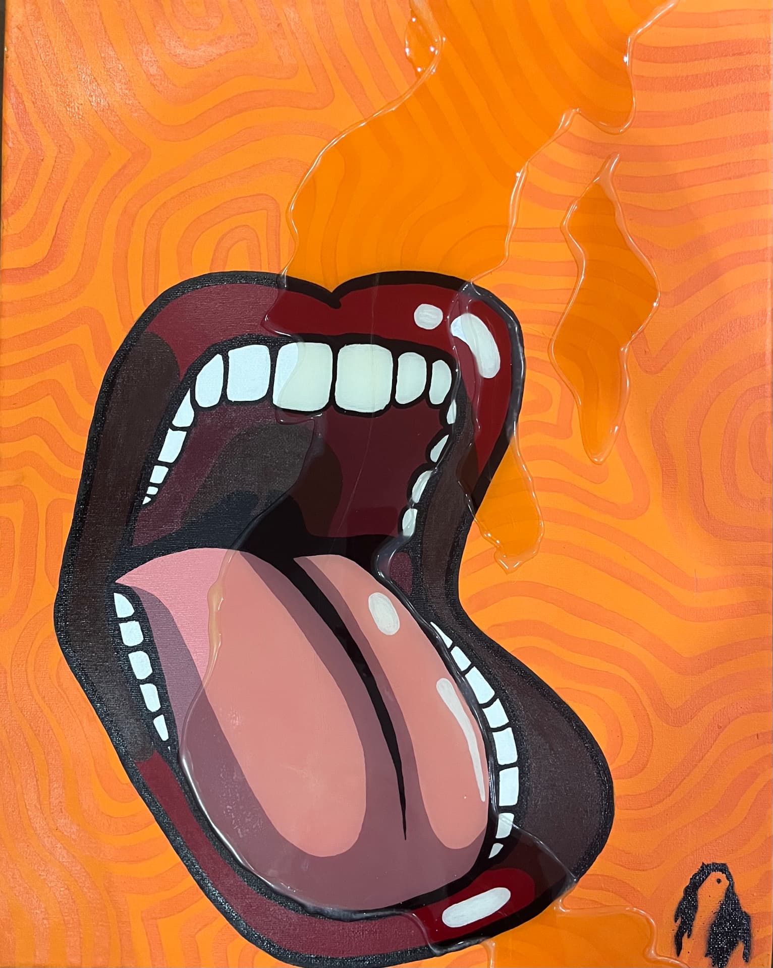 Bouches: “Oransh” — open mouth with tongue under resin on a swirling orange background