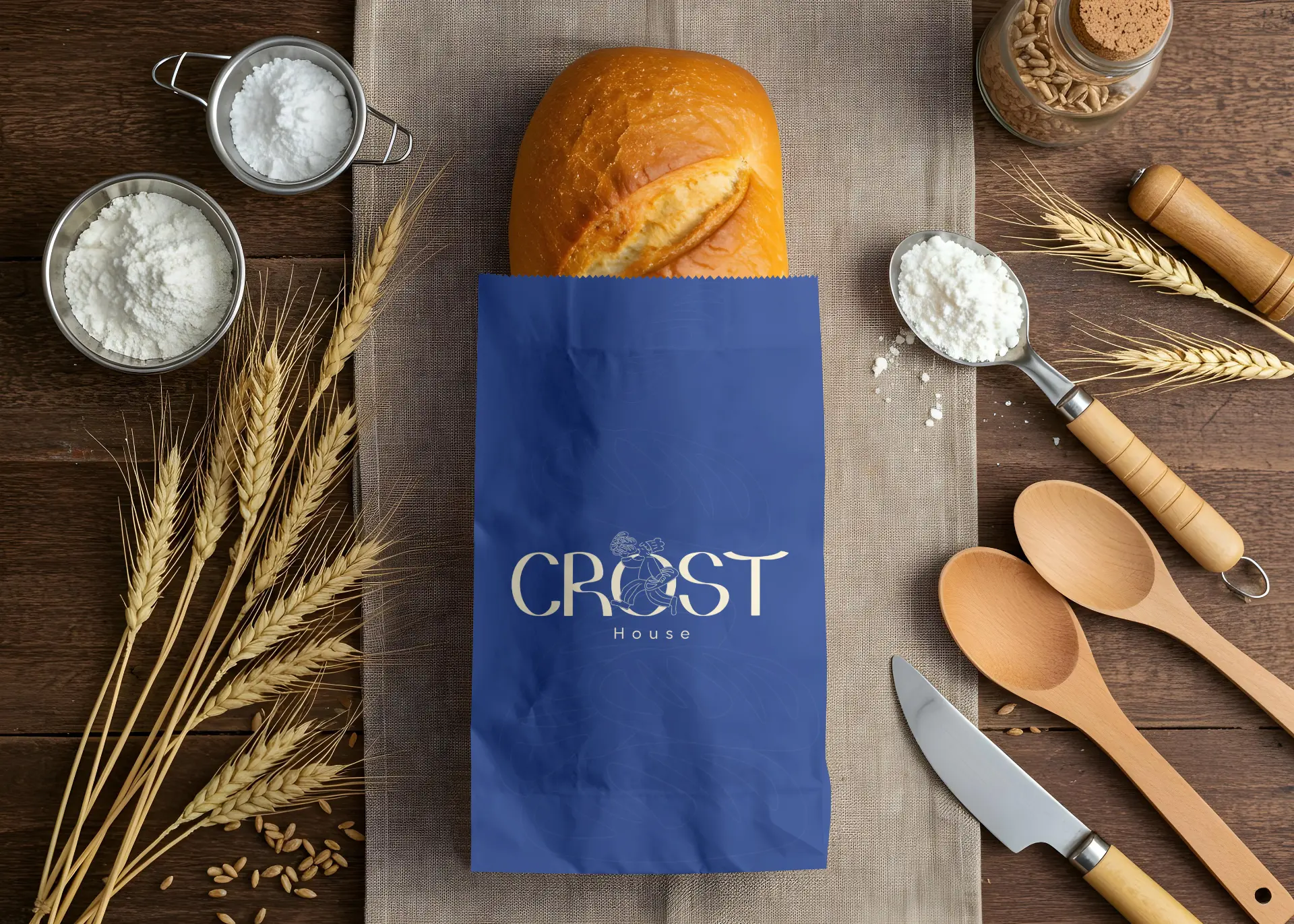 Crost House blue bread bag styled with flour, wheat and wooden tools