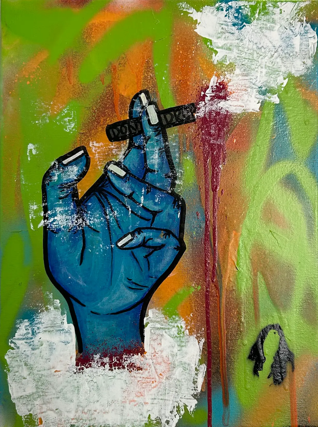 Soft Rebellion: blue hand holding a cigarette painted over a bright graffiti background