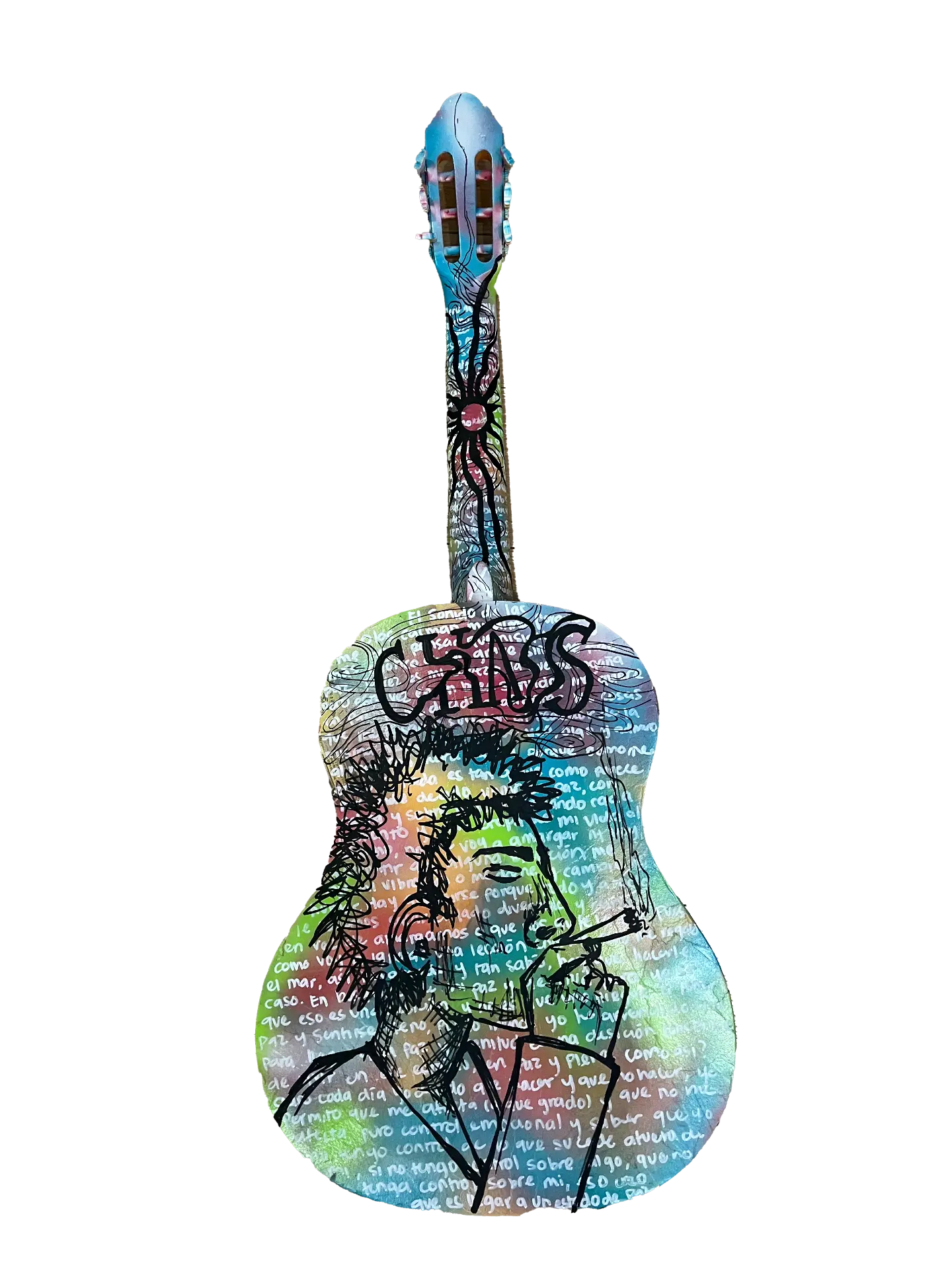 Poemas Enredados: hand-painted guitar with a smoking figure and the word Caos over handwritten verse
