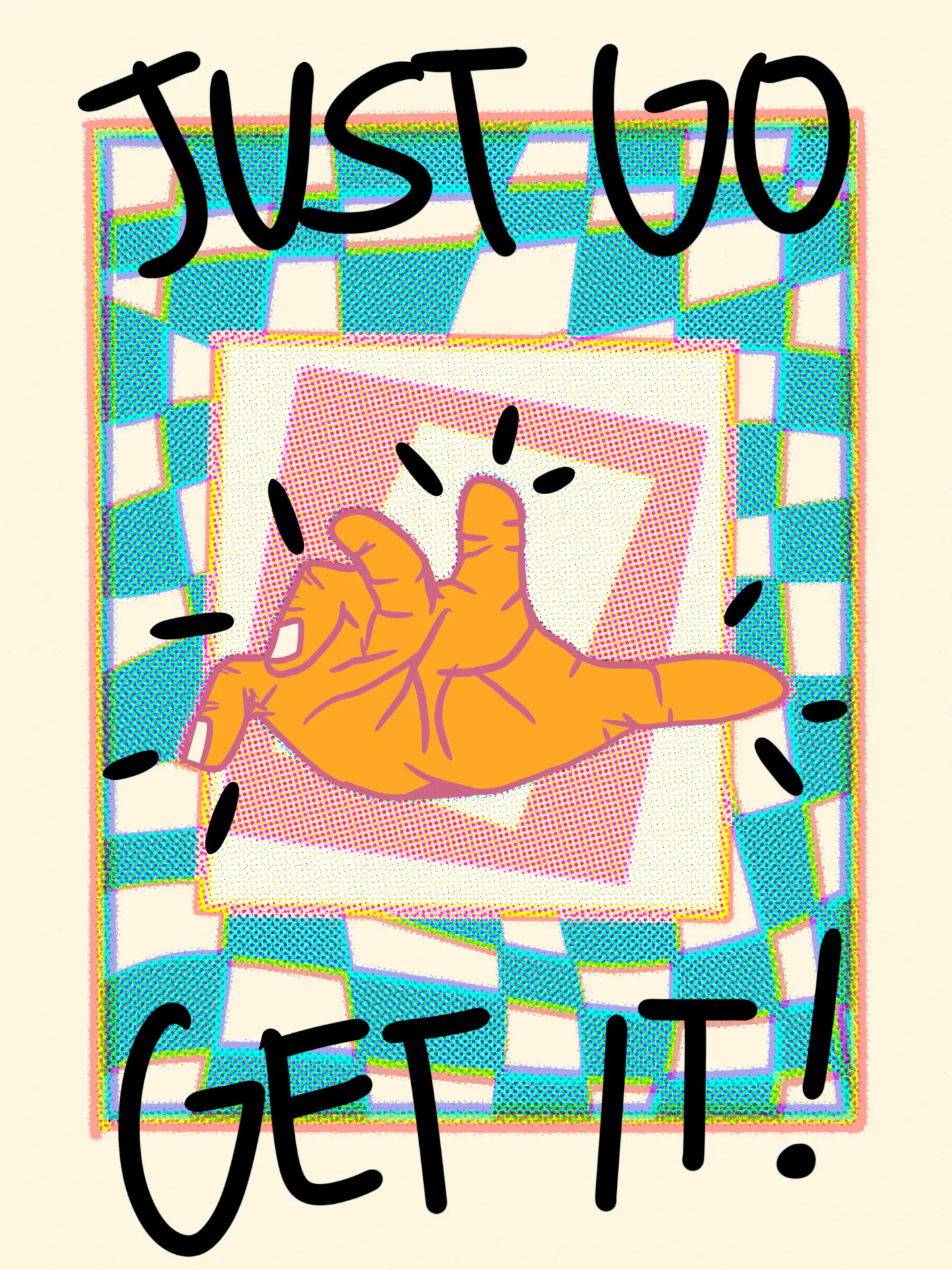 A Line Between the Eye and the Soul: “Just Go Get It!” — orange shaka hand over a halftone checkerboard