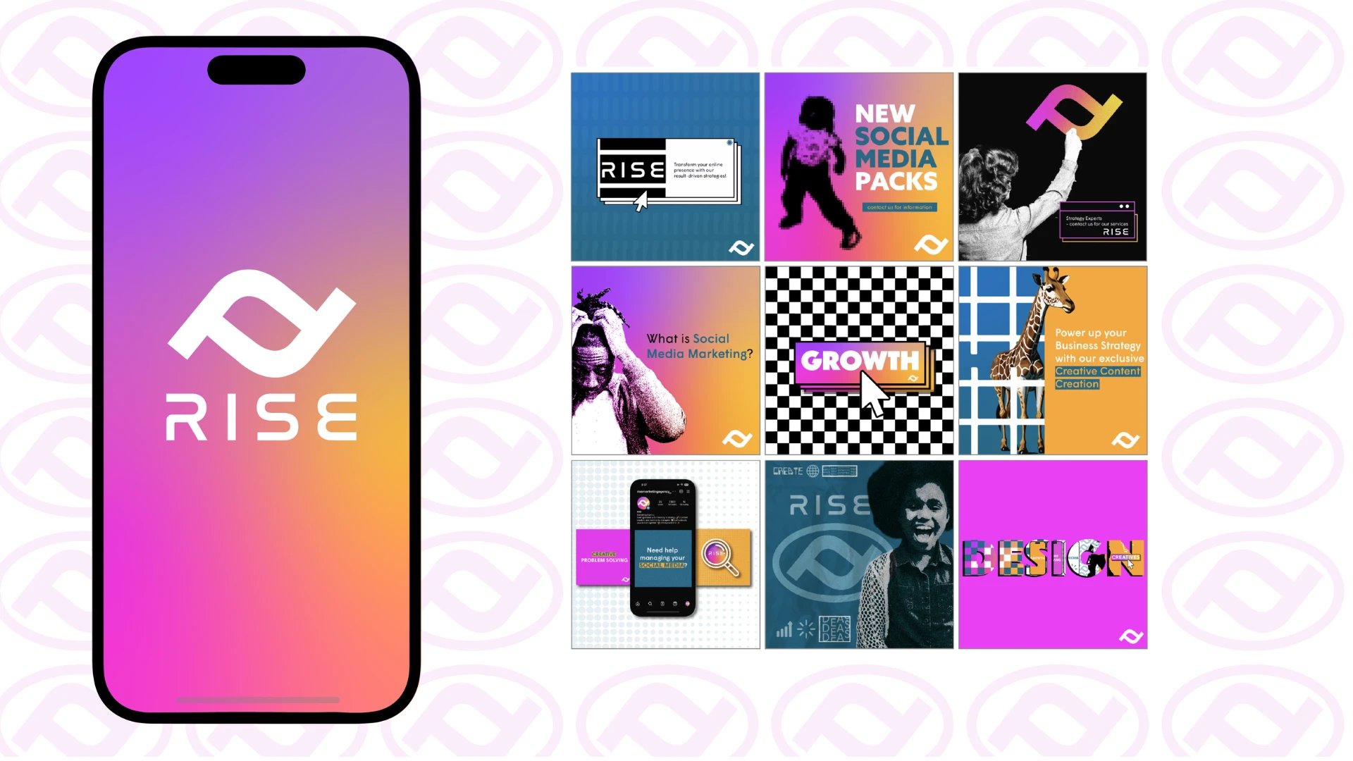 Rise mobile app and social media grid