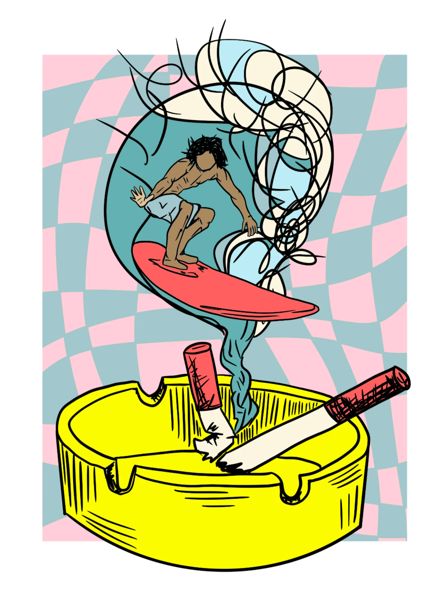 A Line Between the Eye and the Soul: “Smoke Them” — surfer riding a wave of smoke rising from a yellow ashtray over a pink and blue checkerboard