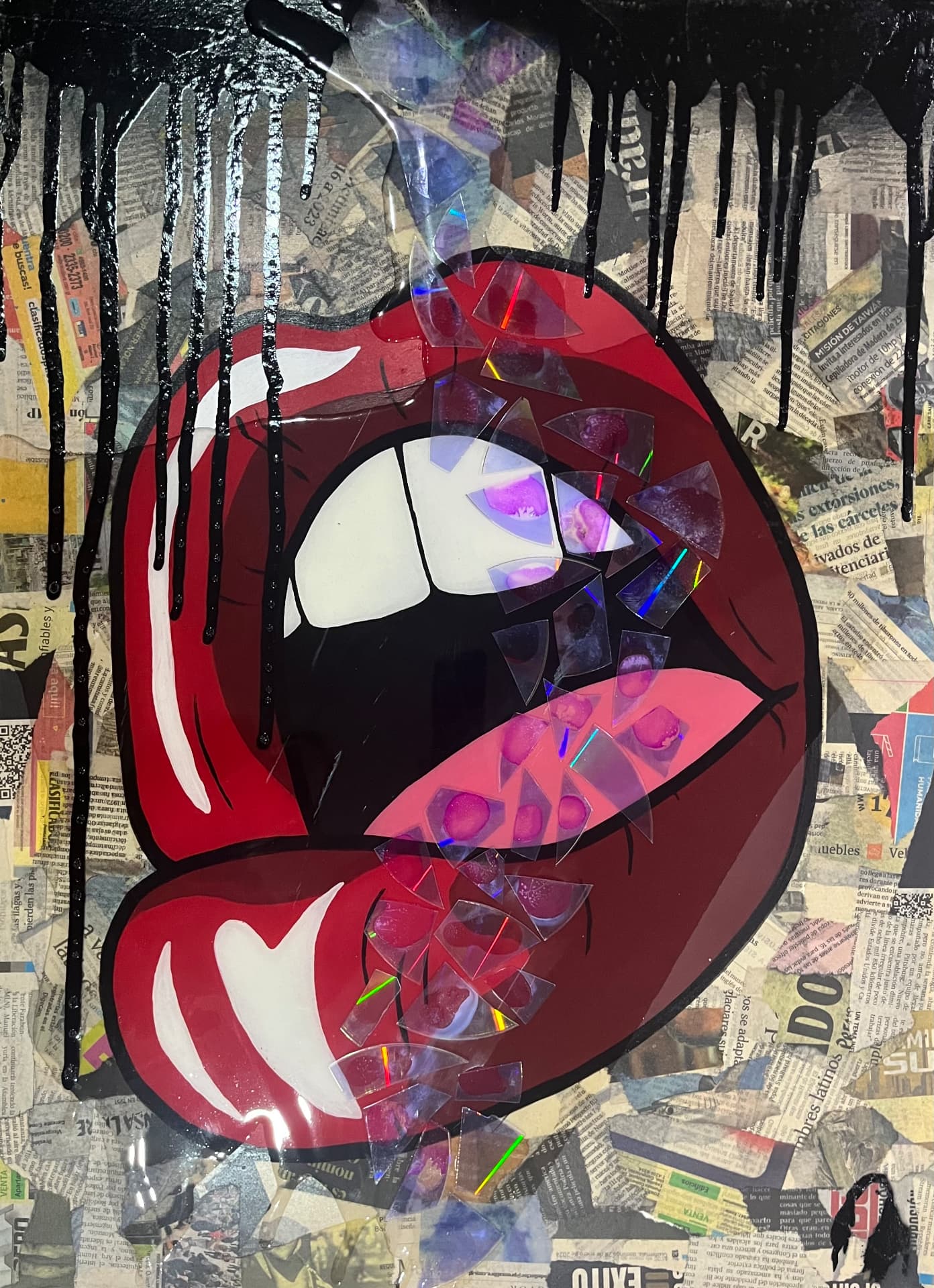 Bouches: “Krappy Buche” — red cartoon mouth over torn newspaper collage with black drips