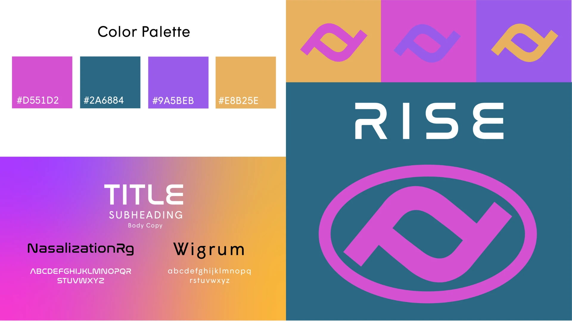 Rise colour palette, typography and logo variations