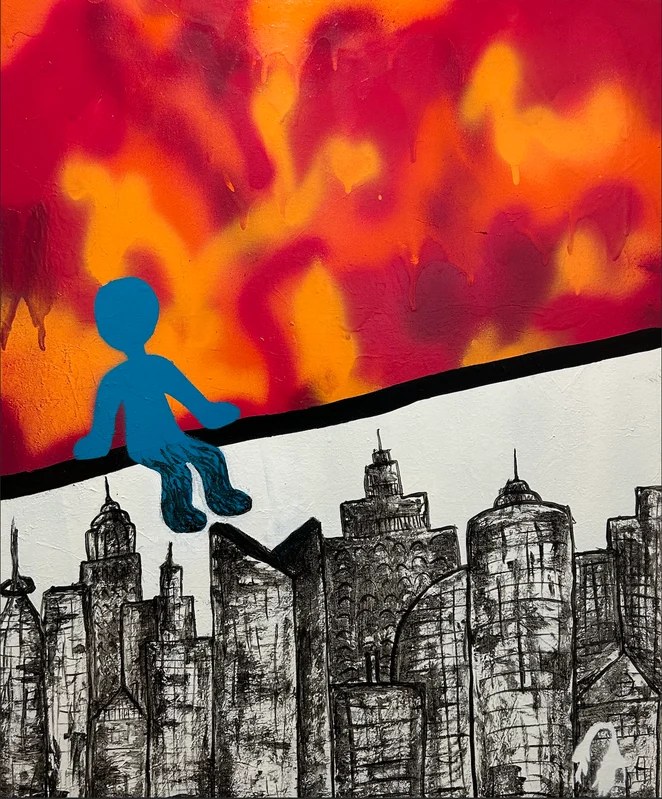 No Drugs Toy Volando: spray painted canvas with a small blue figure