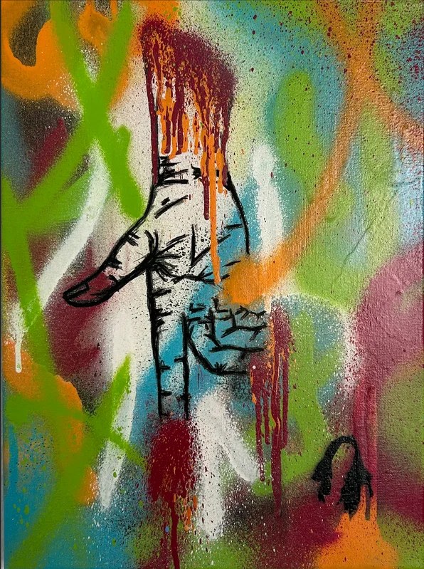 No Drugs Toy Volando: dripping spray paint over a stencilled figure