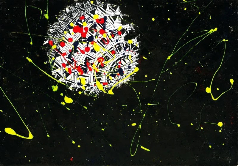 Print series piece 1: mixed-media print in red, black and yellow