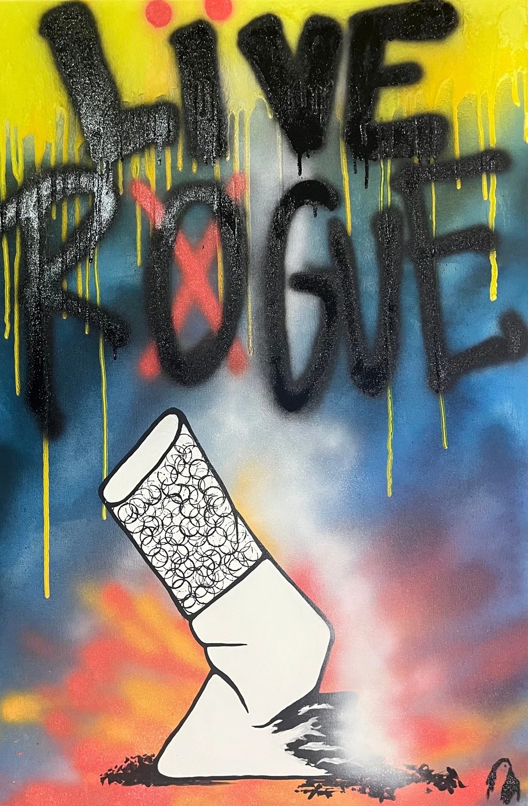Soft Rebellion: “Live Rogue” spray painted over a burning cigarette